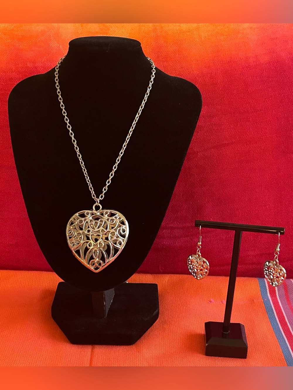 Silver-tone Heart Pendant Necklace & Earrings